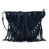 Granatowa Damska Torebka Worek Skóra Zamsz Frędzle Włoska X39