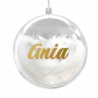 BOMBKA AKRYLOWA na choinkę kula 10 cm z piórami+ ZŁOTY NADRUK IMIENIA