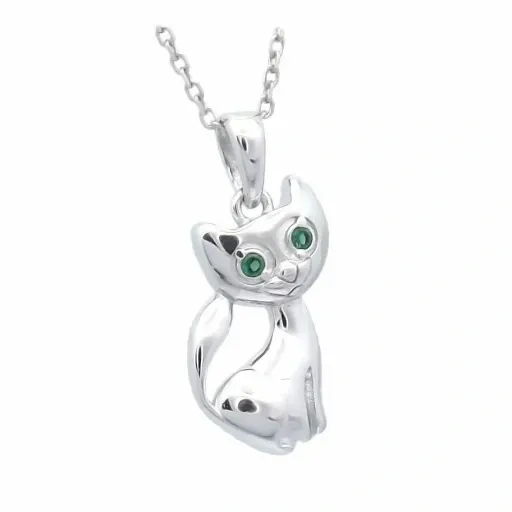 Naszyjnik Srebrny 925 Łańcuszek i Wisiorek Kotek Kot z Zielonymi Oczami zdjęcie 7