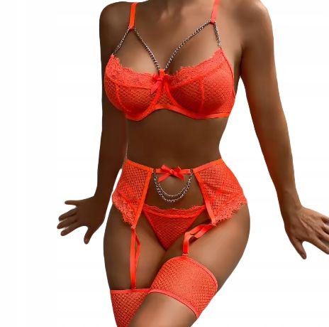 Piękny KOMPLET Bielizny Damskiej STANIK STRINGI Podwiązki POMARAŃCZ L zdjęcie 4