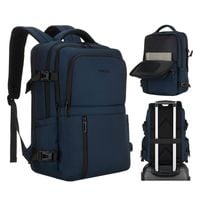 granatowy plecak podróżny z poliestru z miejscem na laptopa, zawieszony