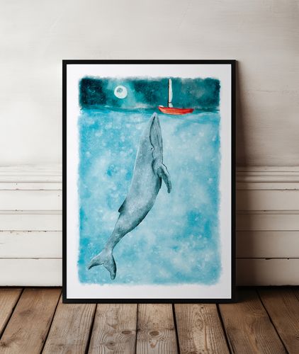 Plakat wieloryb ocean statek pokój dziecka 30x40 cm w czarnej ramie na Arena.pl