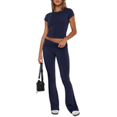 Damski Komplet Dresowy Crop Top Dzwony Zestaw Sportowy Granatowy Rozm L