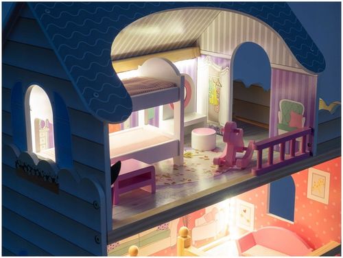 Domek dla Lalek Drewniany Duży Oświetlenie LED Mebelki 3 Poziomy - XL 90cm na Arena.pl