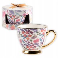 PORCELANOWA FILIŻANKA DUŻA NA PREZENT WZÓR KWIATOWY ZE ZŁOTYM UCHEM