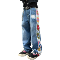 Spodnie dżinsy męskie szerokie nogawki Y2K haftowane podarte granatowe M