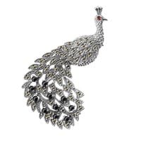 srebrna, piękna broszka z markazytami, onyksem i granatem - paw