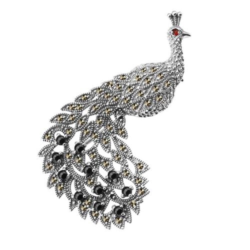 srebrna, piękna broszka z markazytami, onyksem i granatem - paw na Arena.pl