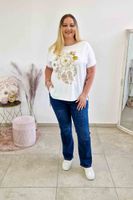 Beżowa Laserowo Cięta Koszulka z Kwiatami UNI DUŻY
