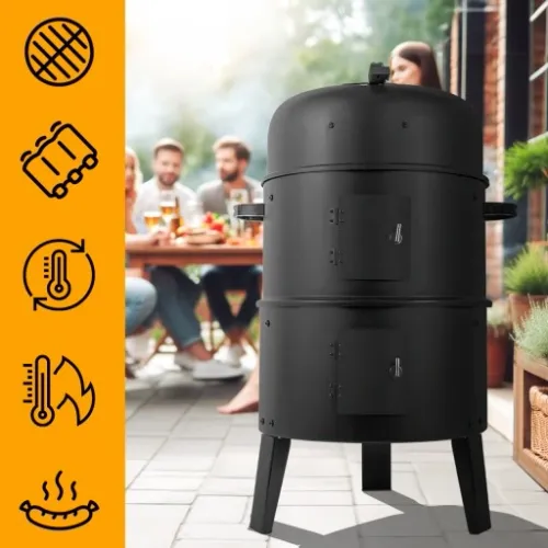 GRILL OGRODOWY WĘGLOWY WĘDZARNIA PALENISKO TERMOMETR OKRĄGŁY PRZENOŚNY 3W1 na Arena.pl