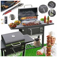 GRILL OGRODOWY WĘGLOWY Z POKRYWĄ I PÓŁKAMI VL14 SZARY + SZCZYPCE