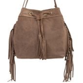 VERA PELLE torebka zamszowa listonoszka worek z frędzlami boho V477 taupe