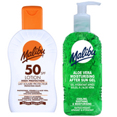 Malibu SPF50 Wodoodporny Balsam 200ml + Aloe Żel Po Opalaniu 200ml