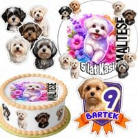 ZESTAW OPŁATEK NA TORT 20CM + 16 POSTACI - PSY Maltańczyk + IMIĘ 15CM 18CM