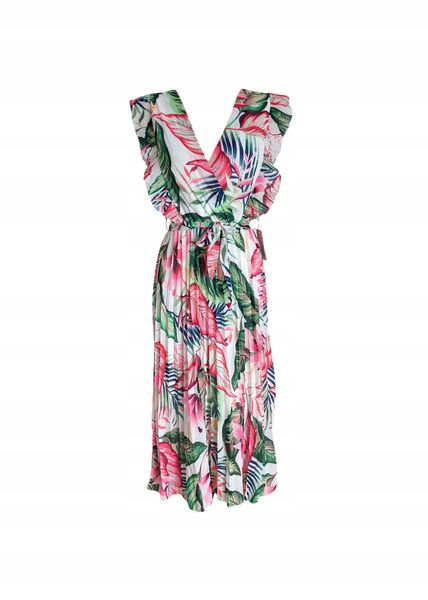 Elegancka Midi Wzorzysta Sukienka Z Paskiem Plisowany Dół Roślinna M 38 zdjęcie 1