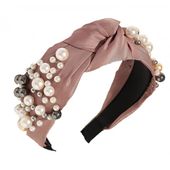 opaska turban bogato zdobiona z materiału gruba 6,5cm róż o461r