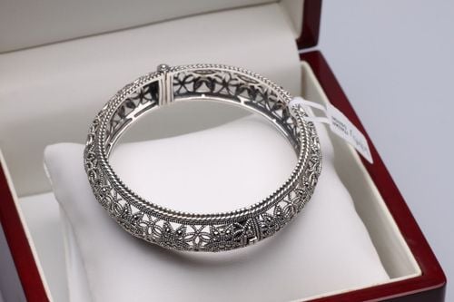 srebrna ażurowa bransoletka typu bangle z markazytami - 18cm - bdm2867 19cm na Arena.pl