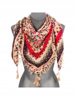 Chustka apaszka z frędzlami folk kwiaty beżowy czerwony 60 / DA-37C