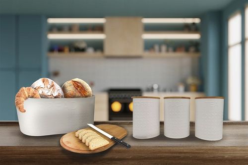 ZESTAW 5W1 CHLEBAK + POJEMNIKI NA KAWĘ CUKIER HERBATĘ DESKA KROJENIA CHZ03 na Arena.pl