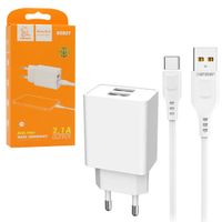 Denmen Ładowarka sieciowa 2XUSB + kabel USB - USB-C 2.1A 10W Biały DC02T