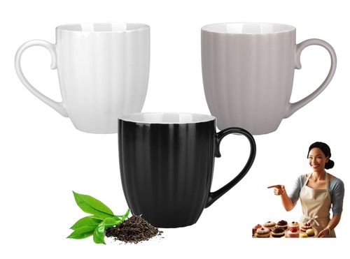 Komplet 3 kubków porcelanowych 380 ml biały czarny i beżowy mat wzór prążki na Arena.pl