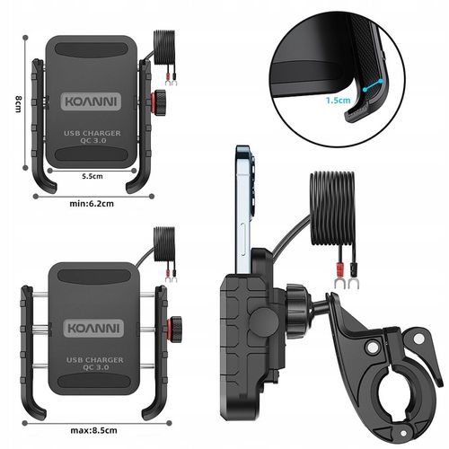 UCHWYT MOTOCYKLOWY NA TELEFON ŁADOWARKA USB 12/24v + KABEL USB 20cm na Arena.pl