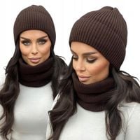 KOMPLET DAMSKI CZAPKA BEANIE KOMIN GOLF TUBA DUŻY ZESTAW BRĄZOWY