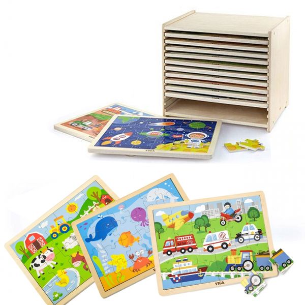 Viga Zestaw Puzzle drewniane 12 układanek po 24 el. na stojaku zdjęcie 1