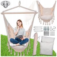 Beżowy hamak brazylijski kokon huśtawka ogrodowa poduszki zestaw montażowy