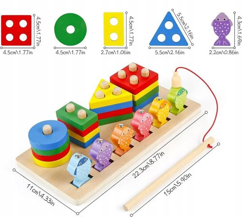 V4 ŁOWIENIE RYBEK SORTER DREWNIANY UKŁADANKA FIGURY 4 WIEŻE WĘDKA RYBKI 2w1 na Arena.pl