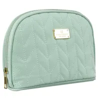 praktyczna kosmetyczka damska w kolorze zielonym pokryta jodełkowym wzorem