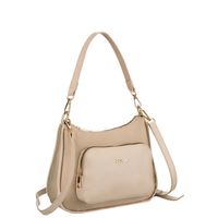 beżowa listonoszka damska z nylonu i skóry ekologicznej zawieszona