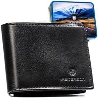 czarny portfel męski ze skóry naturalnej wyposażony w system