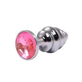 Silver Medium Ribbed Butt Plug With Pink Crystal