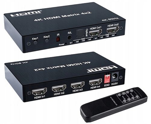 Matrix HDMI Switch Splitter 4x2 4K HDCP Rozdzielacz Toslink Jack + Pilot IR na Arena.pl