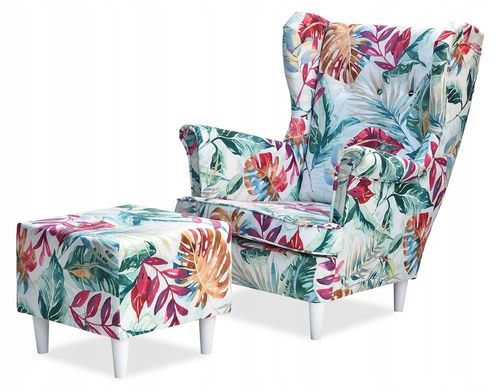 Fotel uszak ARI PRINT z podnóżkiem skandynawski Family Meble liście na Arena.pl