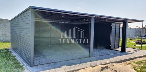 GARAŻ BLASZANY 6m x 5m poziom - spad tył 2x Brama uchylna - wiata - dodatkowe drzwi + antracyt BTX 7016 TS221 6x5 na Arena.pl