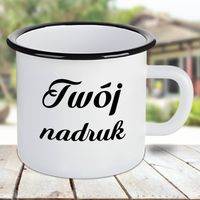 Duży, biały metalowy z czarnym rantem kubek emaliowany 500 ml z Twoim nadrukiem