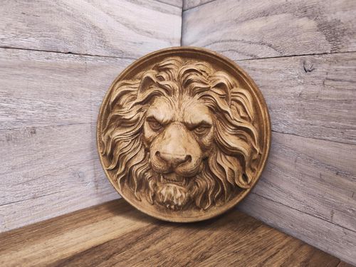 Obraz płaskorzeźba Lwa Lew Król zwierząt 16 cm drewniany obraz medalion na Arena.pl