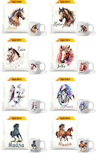 Zestaw PODUSZKA + KUBEK z nadrukiem IMIĘ TEKST NA PREZENT KOŃ KONIE na Arena.pl