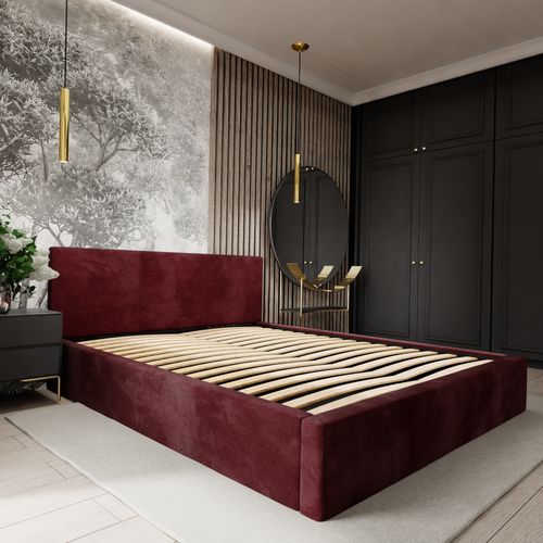 ŁÓŻKO TAPICEROWANE DO SYPIALNI 160x200 ŁÓŻKO PODWÓJNE Z POJEMNIKIEM BORDOWE na Arena.pl