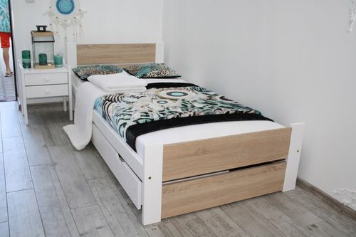 Łóżko pojedyncze drewniane LEA 90x200 białe Dąb Sonoma stelaż na Arena.pl