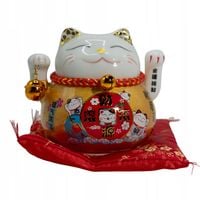 Ceramiczny Kot Szczęścia Maneki Neko Złoty na poduszce, Machająca Łapka