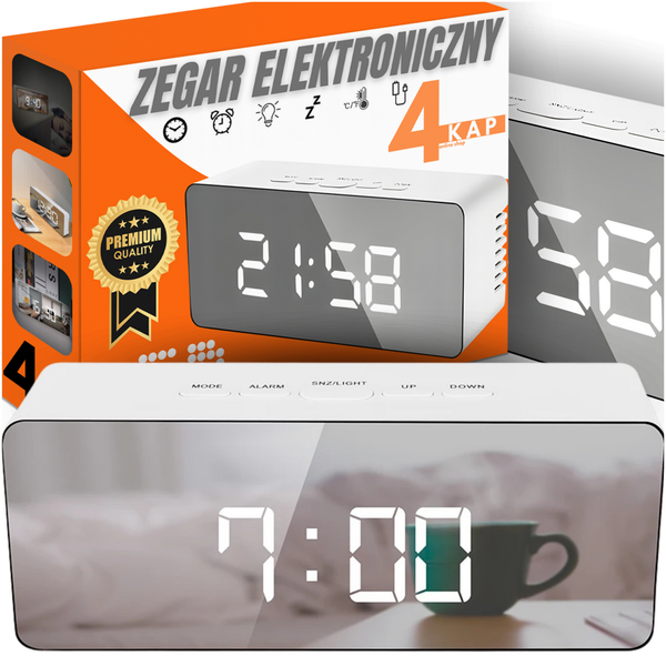 ZEGAR BUDZIK ELEKTRONICZNY NOWOCZESNY TERMOMETR LUSTRO ZEGAREK ALARM LED zdjęcie 1