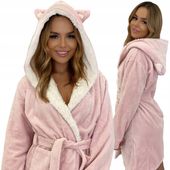 Szlafrok Damski Ciepły Miękki Gruby z Kapturem Uroczy Polarowy M Różowy