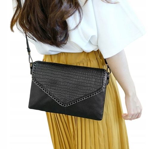 Torebka Damska CZARNA Kopertówka Łańcuch na Ramię Pasek EKO Skóra Krokodyla na Arena.pl