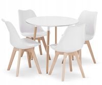 Stół okrągły KAMI 80 cm + krzesła białe 4 szt. bukowe nogi zestaw