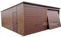 GARAŻ BLASZANY 6m x 5,8m poziom - spad tył 2x Brama uchylna + drzwi - ciemny orzech - drewnopodony BOX105 6x5,8