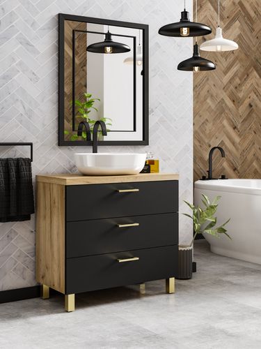 Szafka łazienkowa ROMA 60  czarny/dąb craft złoty z umywalką Blanco (W5) na Arena.pl