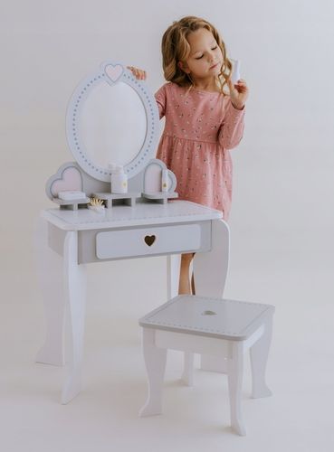 Drewniana toaletka dla dziewczynki z krzesełkiem lustro akcesoria szuflada na Arena.pl